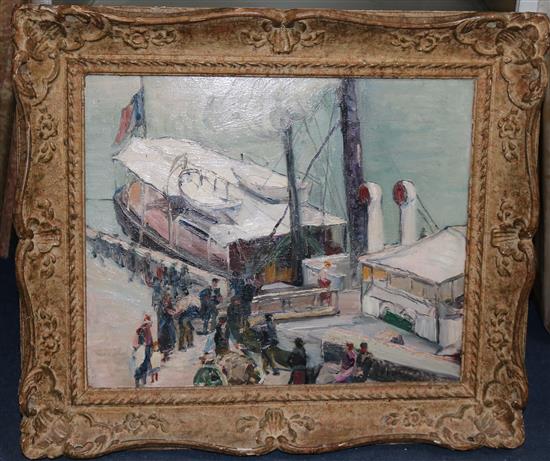 Mabel Harrison (Exh. 1907-36) Figures of a jetty beside a ferry boat 14 x 17.5in.